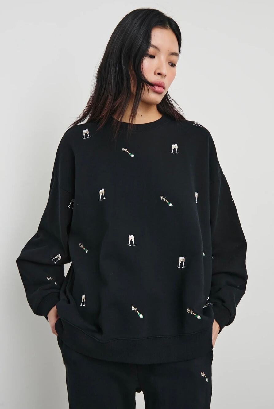 RAILS Womens Varsity Cheers Embroidered Cotton Icon Sweatshirt Black Champagne